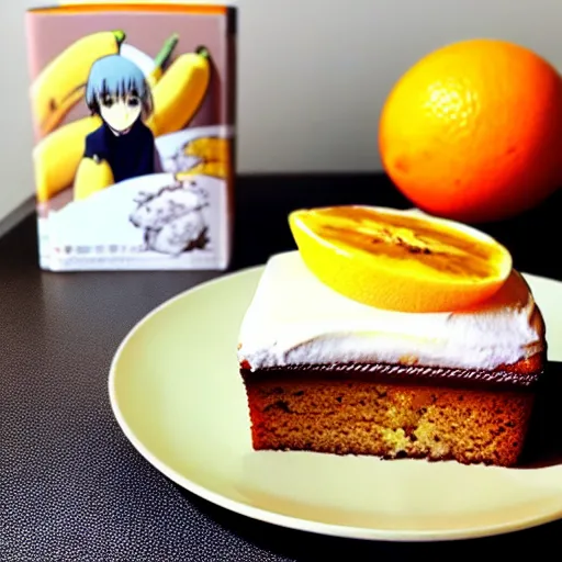 Image similar to Banana orange cake with vanilla icecream, manga, Studio Ghibli masterpiece