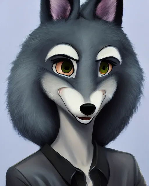 Image similar to oil painting of anthromorphic female wolf, in style of zootopia, female fursona, furry, furaffinity, 4 k, deviantart, furry art, fursona art, wearing black business suit, business suit, wolf fursona, female, very expressive detailed feminine face,