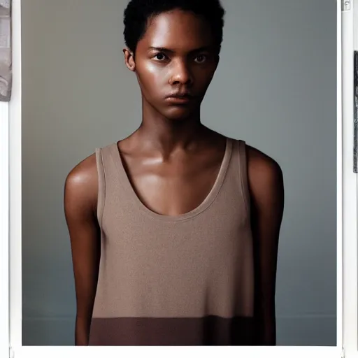 Image similar to realistic photoshooting for a new balenciaga lookbook color film photography portrait of a beautiful woman model wearing a taupe pelagia tank top, photo in style of tyler mitchell