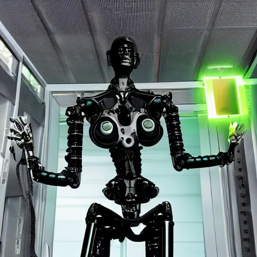 Image similar to the torso of fully a mechanical terminator lady with borg implants, human face and robotic snakes coming out of her head is hanging from cables and wires off the ceiling of an futuristic computer lab and plugged into a quantum computer. Her bottom half is missing with cables hanging out. She is taking a sip from a cup of coffee. Tiny green led lights in her cybernetics. very detailed 8k. Cyberpunk horror style.