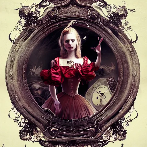 Image similar to Alice in Wonderland at the Dark Carnival, highly detailed, artstation, intricate, smooth, sharp focus, dark, horror, illustration, art by greg rutkowski and Yuumei, good clear quality, lighting, biology, symmetrical artwork, perfect face, 135 mm, cinematic, hyper realism, high detail, octane render, 8k, crimson highlights