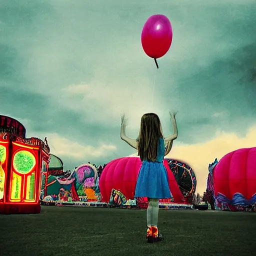 Image similar to a girl holding a balloon at a fairground. buildings with graffiti. dusk. photograph in the style of simon stalenhag