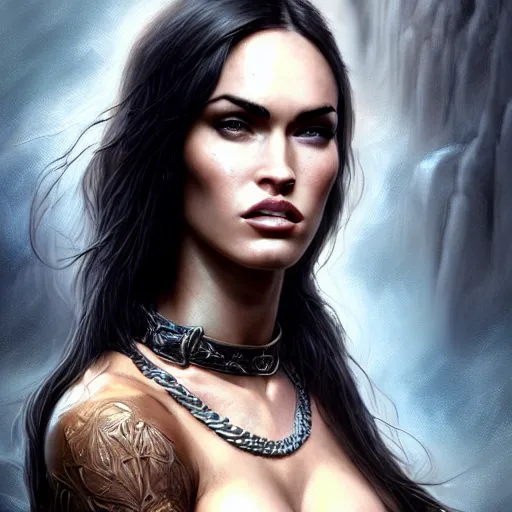 Image similar to portrait of megan fox, muscular upper body, slave collar, bikini, fantasy, intricate, elegant, highly detailed, digital painting, artstation, concept art, matte, sharp focus, illustration, art by aenaluck and roberto ferri and greg rutkowski, epic fantasy, digital painting