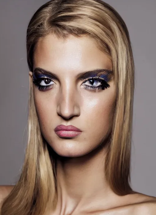 Prompt: a beautiful portrait of young flavia lucini as femme fatale as a versace fashion model spring / summer 2 0 1 2, highly detailed, in the style of cinematic, getty images, milan fashion week backstage, makeup by pat mcgrath, greg rutkowski