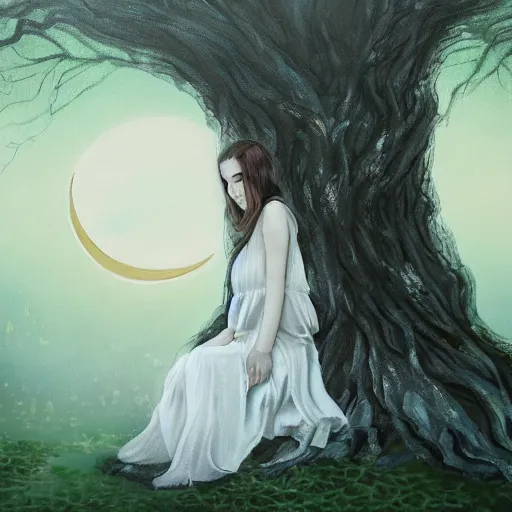 Image similar to a painting of a girl in a white dress sitting on the roots of a gigantic ancient tree next to a pond, surrounded by a towering dark forest, the moon can be glimpsed through the trees and is veiled by fog, midnight, dark fantasy, fantasy forest, spooky forest