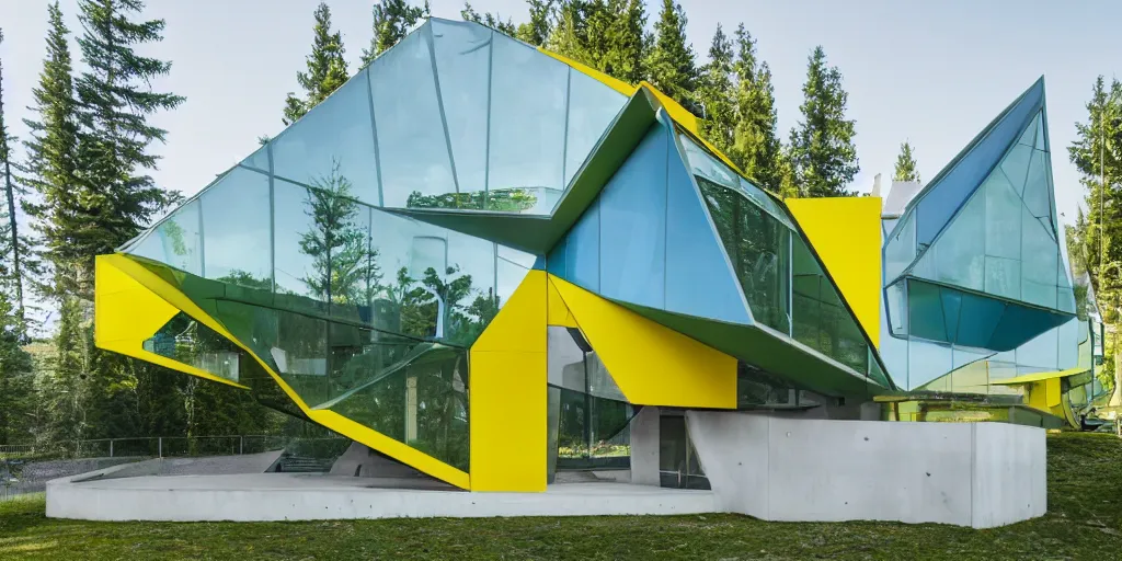 Image similar to large futuristic residence, cascadian, white concrete, large blue and green windows, yellow and green metal, triangular elements