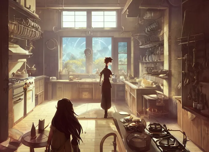 Prompt: inside a kitchen, unreal engine, fantasy art by greg, loish, rhads, ferdinand knab, tom bagshaw, makoto shinkai and lois van baarle, rossdraws, ilya kuvshinov, night lighting, trending on studio ghibli, highly detailed, 8 k, octane render