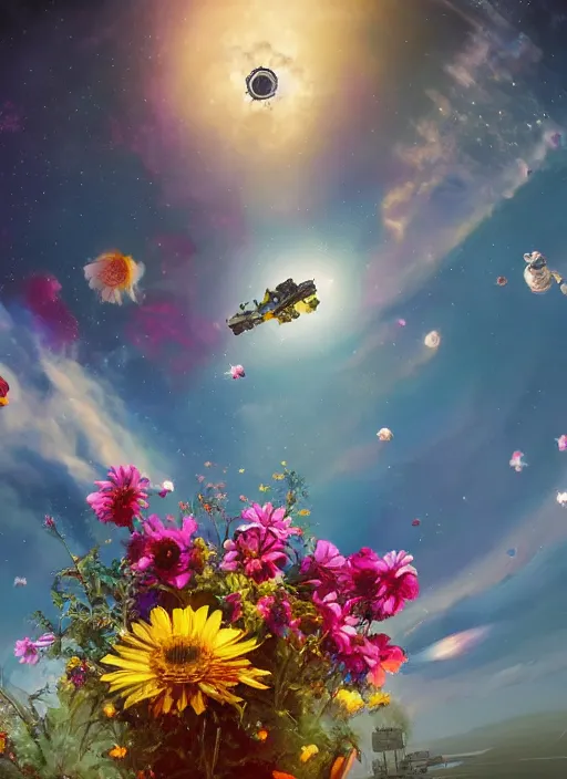 Prompt: An epic fantastic realism comic book style painting of the most beautiful flowers launched into space, bouquets, nearby star, fisheye lens, unreal 5, DAZ, hyperrealistic, octane render, dynamic lighting