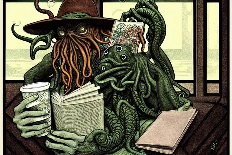 Prompt: cthulhu sitting in a coffee house sipping several cups off coffee while reading a book and typing on a laptop, wearing a hipster hat, in the style of art by artgerm and greg rutkowski and alphonse mucha