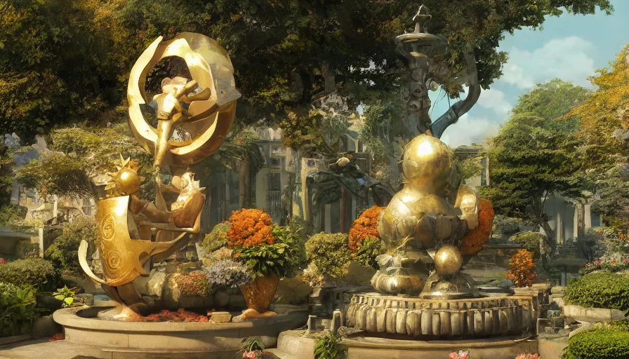 Image similar to craig mullins and studio ghibli illustration of a sculpture of the sun on top of a fountain in a garden, flowers, unreal engine, hyper realism, realistic shading, cinematic composition, realistic render, octane render, detailed textures, photorealistic, wide shot