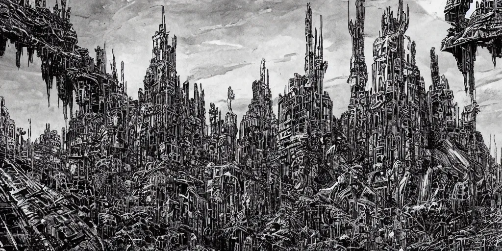 Prompt: post apocalyptic scifi landscape with city ruins by philippe druillet