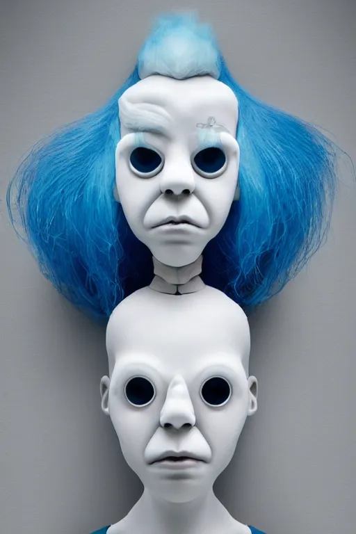 Image similar to full head and shoulders ballerina, monster with 3 d smooth, long blue hair, delicate facial features, white eyes, white lashes, detailed white, lots of 3 d cyborg elements, prosthetic, anatomical, all white features on a white background, by daniel arsham and james jean