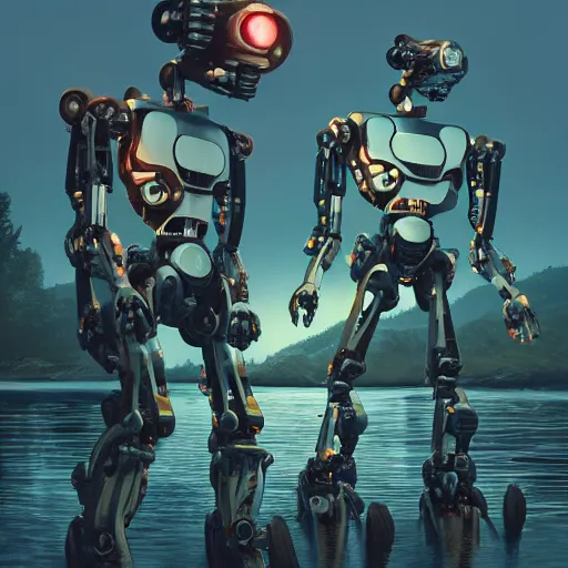 Image similar to Beautiful cinematic scene of a couple of two damaged and broken humanoid robots standing near a river, at night, peaceful, science fiction, award-winning, cinematic lighting, insanely detailed, very realistic, Artstation, Cgsociety, by Simon Stalenhag, directed by Denis Villeneuve, filmic