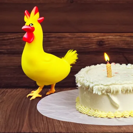 Image similar to a light yellowish down-covered baby chick and a rooster are near a birthday cake having 3 candles