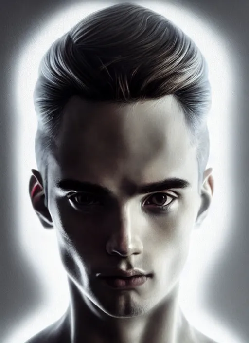 Image similar to a highly detailed long shot photo of masculin male face portrait, futurism, rococo cyber neon lighting, detailed futuristic fibonacci jewelry, profile posing, hyper photorealistic, crispy quality, digital photography, trending in pinterest, cinematic, 4 k ultra hd, art by pascal blanche, art by greg rutkowski, art by artgerm,