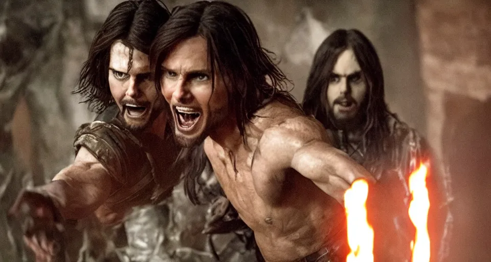 Prompt: tom cruise as the mummy fighting jared leto as morbius, film still