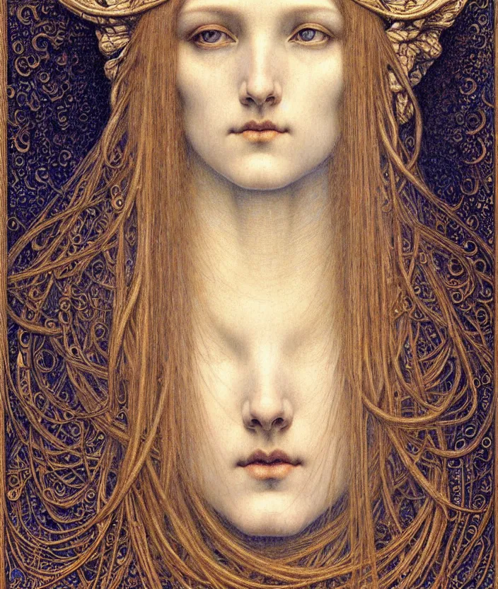 Image similar to detailed realistic beautiful young medieval queen face portrait by jean delville, gustave dore and marco mazzoni, art nouveau, symbolist, visionary, gothic, pre - raphaelite. horizontal symmetry