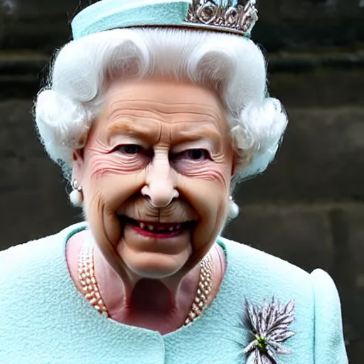 Image similar to the queen of england as reptile, big reptilian eyes, reptiloid