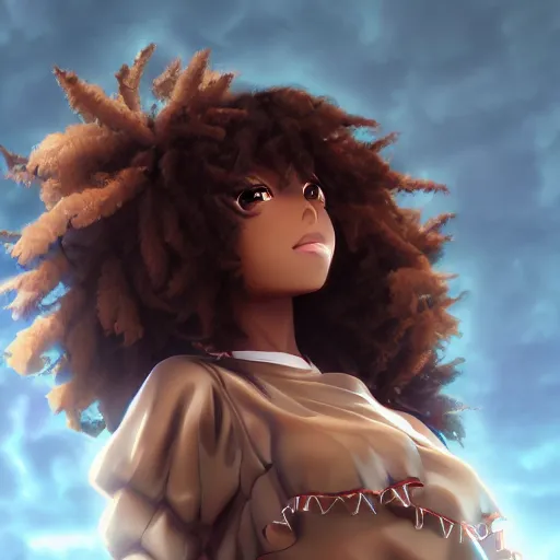 Image similar to a beautiful 3d brown anime girl, brown skin, long black curly hair, Cinematic lighting, anime masterpiece, highly detailed, Trending on artstation, unreal engine 4k, Cinematic wallpaper