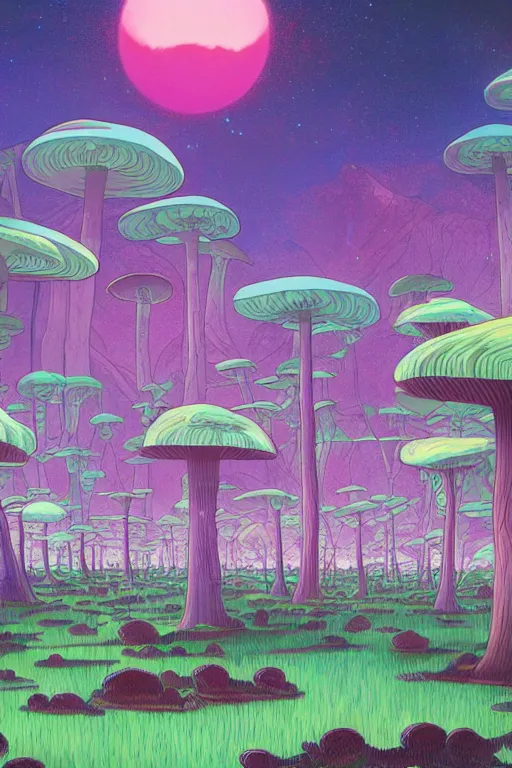 Image similar to concept art painting of an alien world with mushroom forests, artgerm, moebius, inio asano, toon shading, cel shading, calm, tranquil, vaporwave colors,