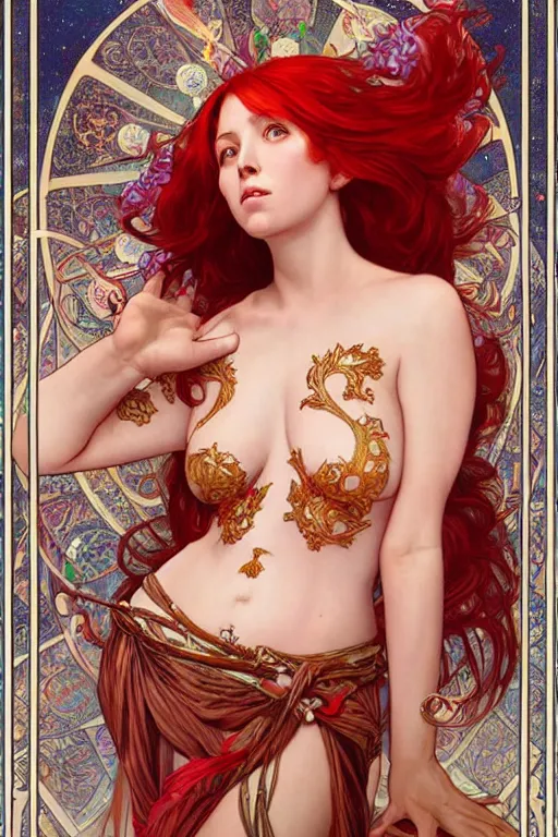 Image similar to a full body tarot card of the red haired thick empress of eternity, space, universe, portrait, highly detailed, deep focus, elegant, digital painting, smooth, sharp focus, illustration, ultra realistic, 8 k, art by artgerm and alphonse mucha