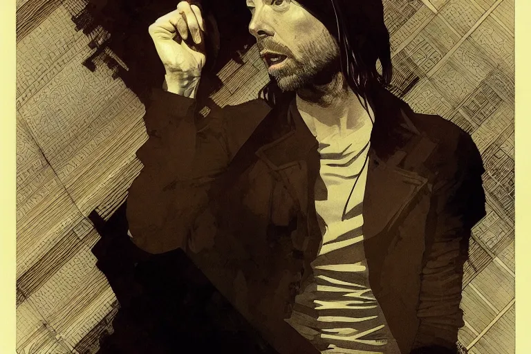 Prompt: hyper realistic portrait of thom yorke singer songwriter, side, flat face, liminal space, by lee bermejo, alphonse mucha and greg rutkowski