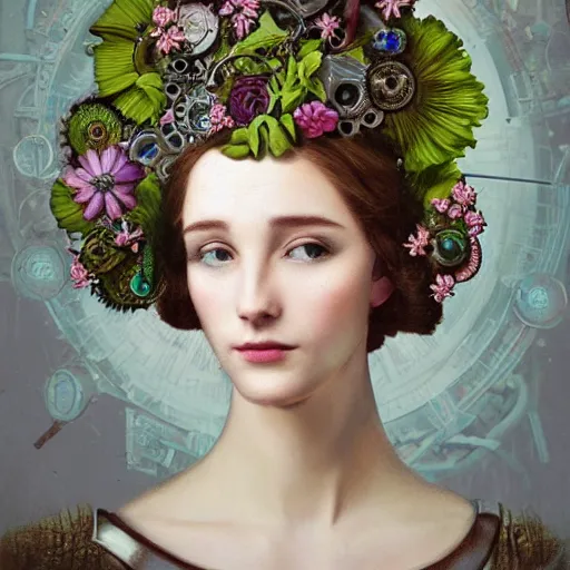 Image similar to portrait of a beautiful young cyborg woman with a big steampunk flower crown and part mechanical face , Pre-Raphaelite