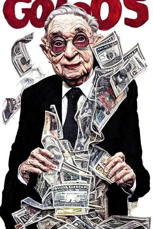 Image similar to George Soros full body shot, dollar bills Body horror, biopunk, by Ralph Steadman, Francis Bacon, Hunter S Thompson