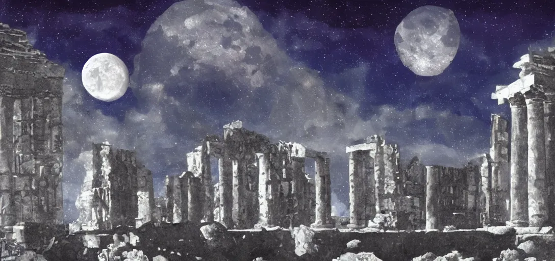 Image similar to The ruins of the Silver Millennium on the moon from Sailor Moon, digital painting, planet Earth in the distance, Greek-esque columns and ruins, black sky