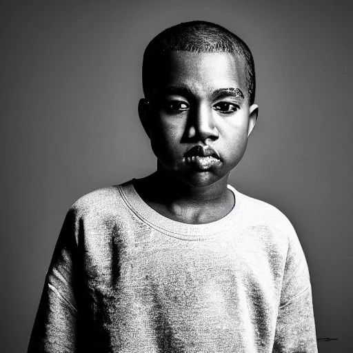 Prompt: the face of young kanye west wearing yeezy clothing at 1 2 years old, black and white portrait by julia cameron, chiaroscuro lighting, shallow depth of field, 8 0 mm, f 1. 8