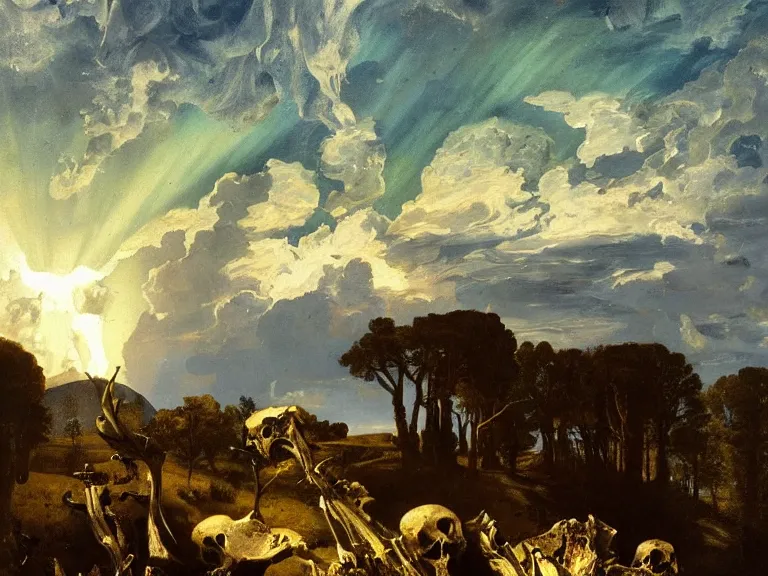 Prompt: an oil painting of a landscape of bone and skulls with a blue sky and aurora by carl spitzweg and tuomas korpi. baroque elements, full-length view. baroque element. intricate artwork by caravaggio. Trending on artstation. 8k
