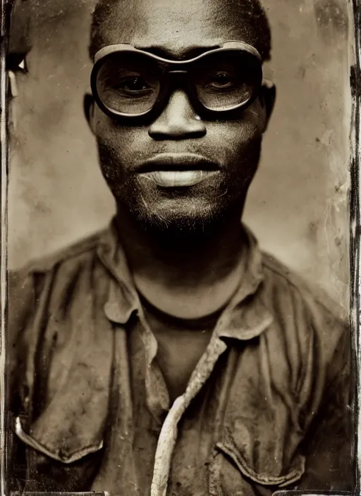 Prompt: dreamy close up portrait of a congolese mine worker with vd glasses, photo realistic, elegant, award winning photograph, parallax, cinematic lighting, ambrotype wet plate collodion by martin shuller, richard avedon dorothe lange and and shane balkowitsch