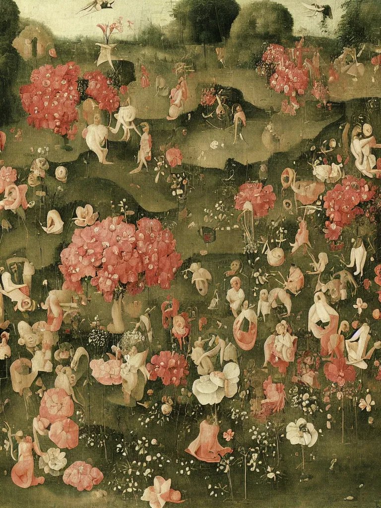 Image similar to beautiful large flowers in a garden, in the style of hieronymus bosch,