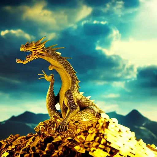 Image similar to Dragon sitting on a mountain of gold, cinematic, dramatic