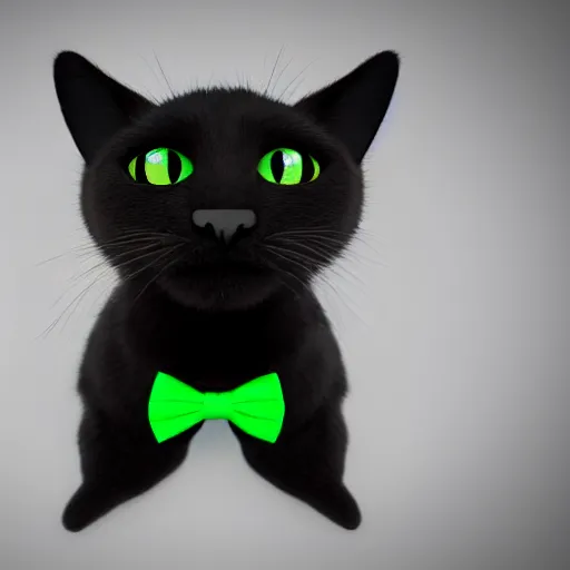 Prompt: cute black cat with white whiskers and green eyes, bowtie, high detail, rendered in octane, pixar style, studio photography