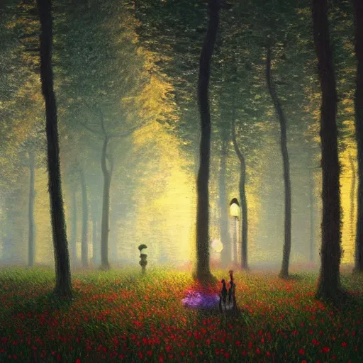 Image similar to A magical forest by Simon Stålenhag and Claude Monet, masterpiece