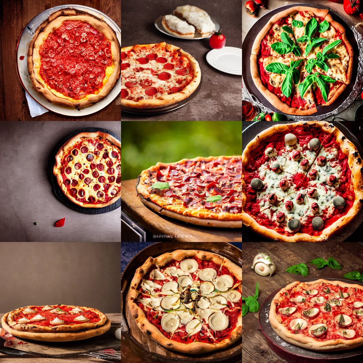 Prompt: amanita muscaria on top of a deep dish pizza, amanita muscaria, on a table, professional food photography