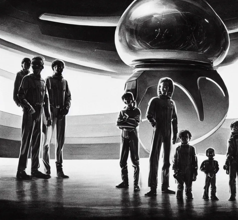 Prompt: sharp, highly detailed, film from a sci fi movie, set in 1 9 8 4, a family standing in front of their spaceship that has just landed on an alien planet, all wearing 1 9 8 4 clothes, atmospheric lighting, in focus, reflective eyes, 3 5 mm macro lens, live action, nice composition