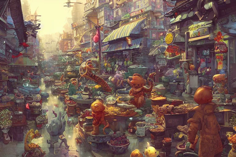 Prompt: bustling alien market cozy fantasy village street view by artgerm and Craig Mullins, James Jean, Andrey Ryabovichev, Mark Simonetti and Peter Morbacher 16k