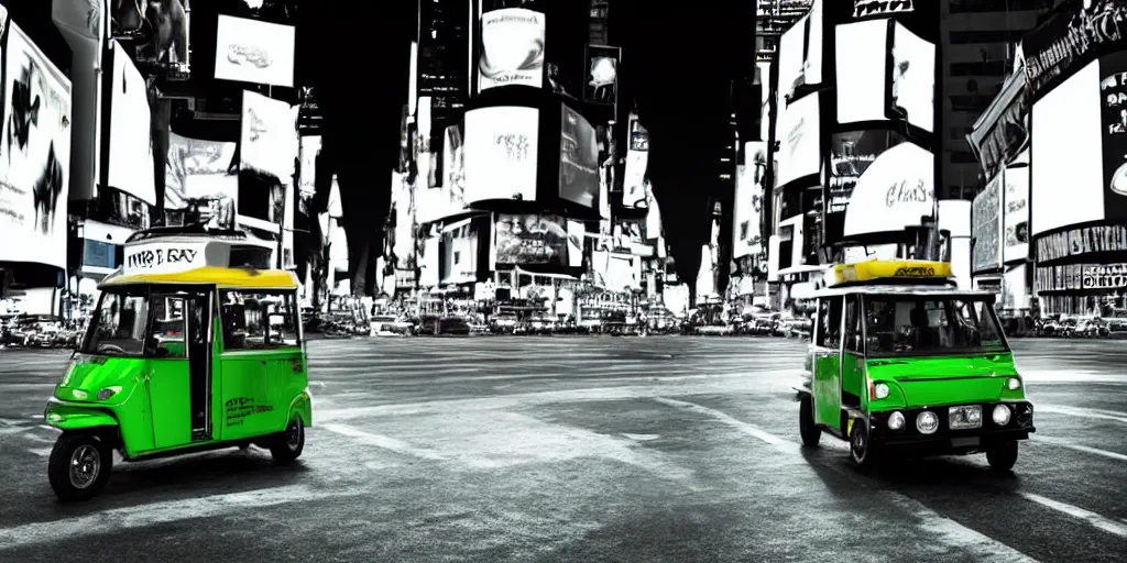 Prompt: a green tuk tuk in Times Square at night, moody, dramatic lighting, cinematic, matte painting, concept art, 4k