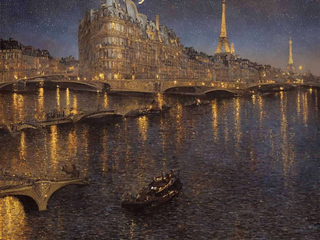 Image similar to a view from the seine river in paris at night with the sky full of stars, intricate, elegant, highly detailed, digital painting, artstation, concept art, smooth, sharp focus, colored illustration for tattoo, art by krenz cushart and artem demura and alphonse mucha,