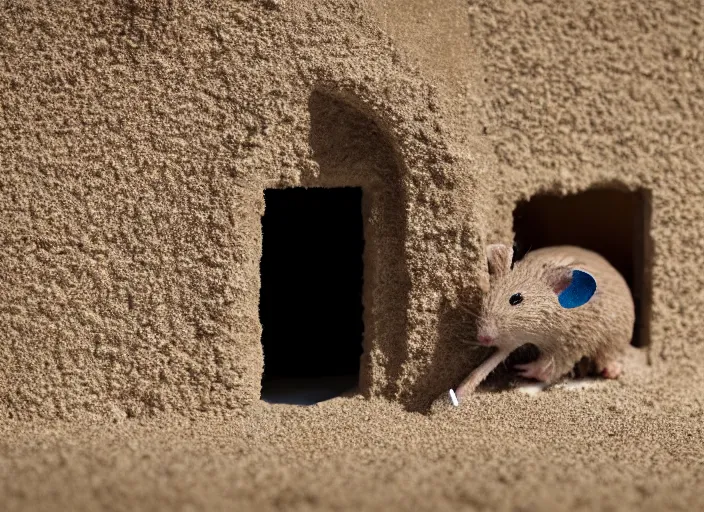 Image similar to dslr photo still of a mouse inside the doorway of a sand castle, 8 k, 8 5 mm f 1. 4