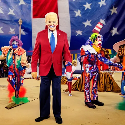 Image similar to A grand circus with Joe Biden in the middle wearing clown costume and colorful clown makeup