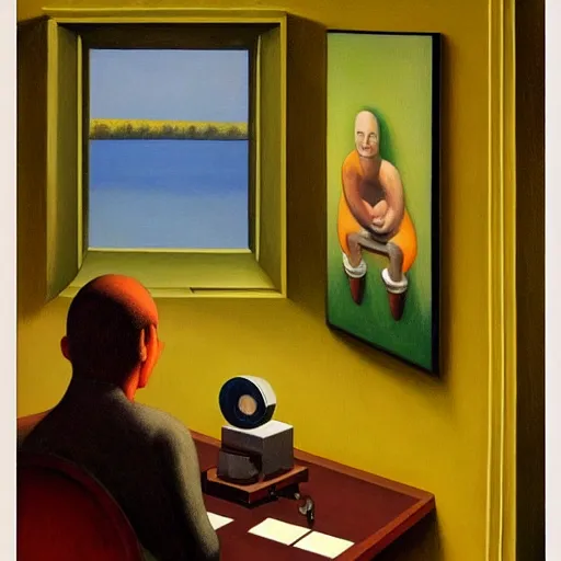 Image similar to a scientist invents a teleporter, grant wood, pj crook, edward hopper, oil on canvas