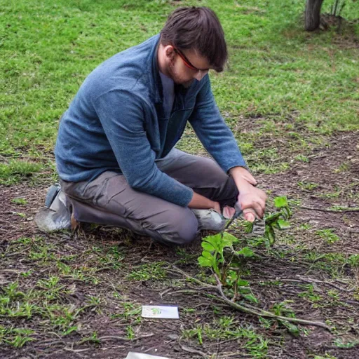 Prompt: a guy pocking a painting on the ground with a branch - 9