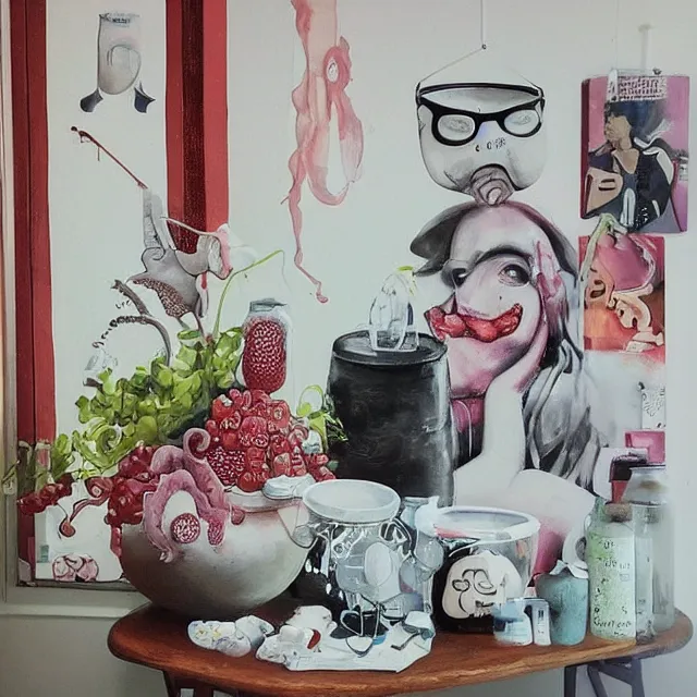 Prompt: “ a portrait in a female art student ’ s apartment, sensual, a pig theme, art supplies, surgical iv bag, octopus, ikebana, herbs, a candle dripping white wax, japanese pottery, squashed berries, berry juice drips, acrylic and spray paint and oilstick on canvas, surrealism, neoexpressionism ”