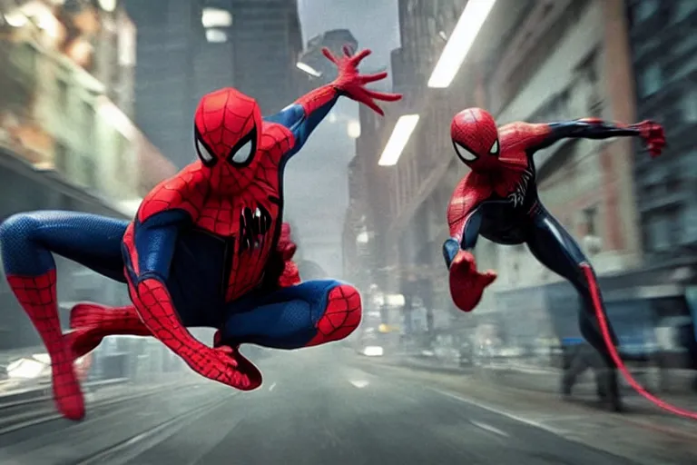Prompt: Spider-Man vs venom live action fight scene by Emmanuel Lubezki