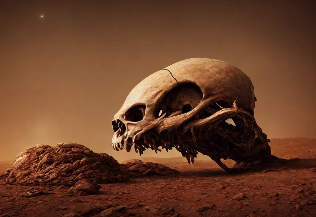 Image similar to eldritch animal alien skull in a dessert in mars, photorealistic, film, cinematic lighting, octane tender, volumetric light, dark - art