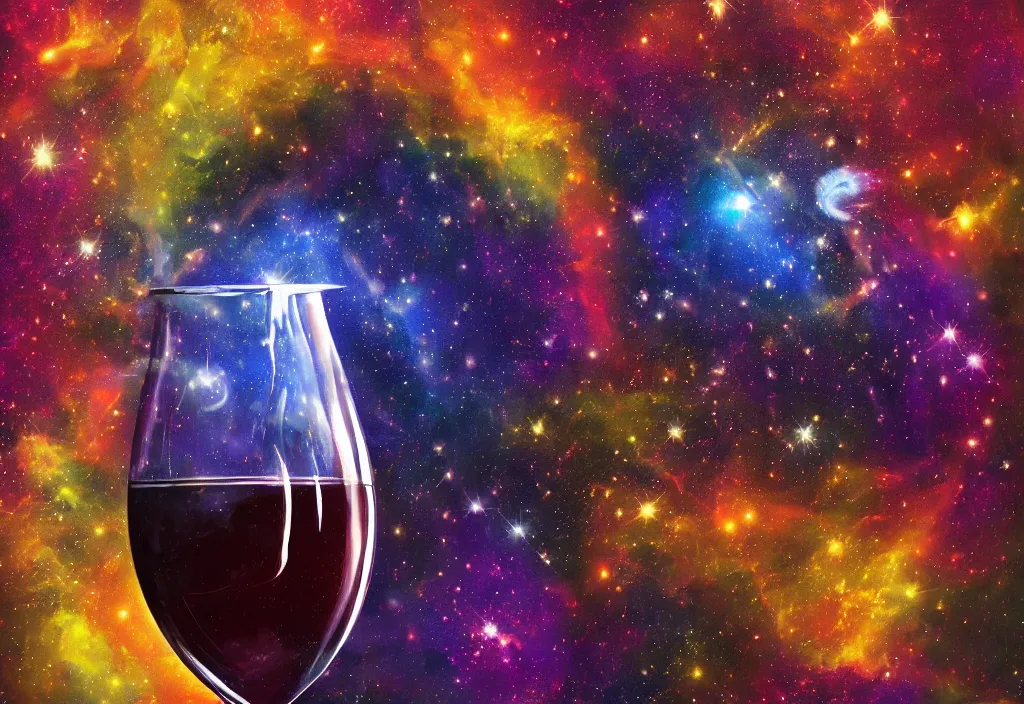 Prompt: A very beautiful and very detailed painting of full wine glass spilling into space and forming a nebula. Trending, Professional, High quality, High resolution, Dynamic