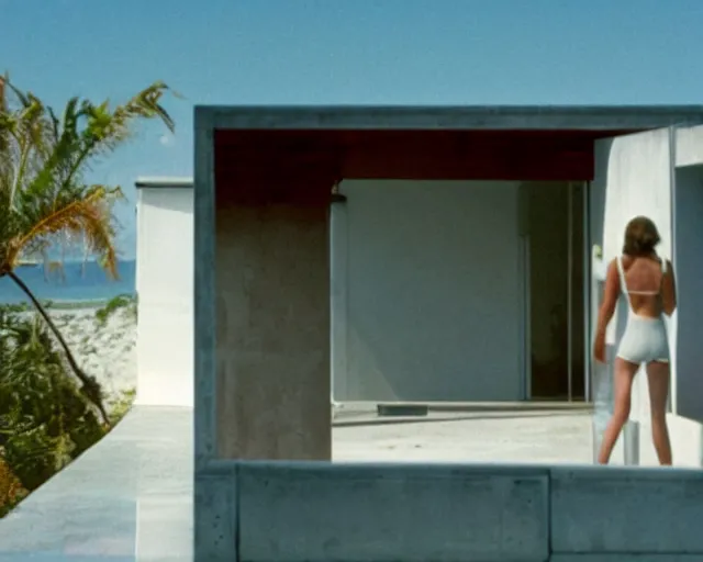 Image similar to a still of a young woman looking out from a huge concrete white deck of a minimalist beach house, outside view, low angle, clear sky and background, in the music video Wrapped Around your Finger (1983)